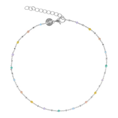 Becca, ankelkæde i sterling sølv med dutter & pastel emalje dots. 23+3 cm. — produktfoto