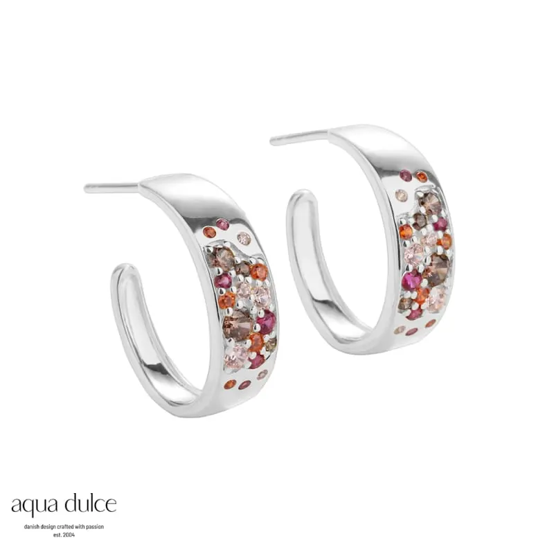 PINK STARDUST HOOP, 20 mm. hoops i sterling sølv med pink, smokey, orange & rosa zirkonia — produktfoto