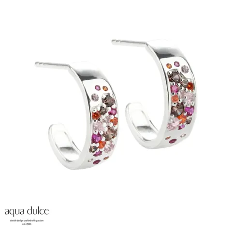 PINK STARDUST SMALL HOOP, 15 mm. hoops i sterling sølv med pink, smokey, orange & rosa zirkonia — produktfoto