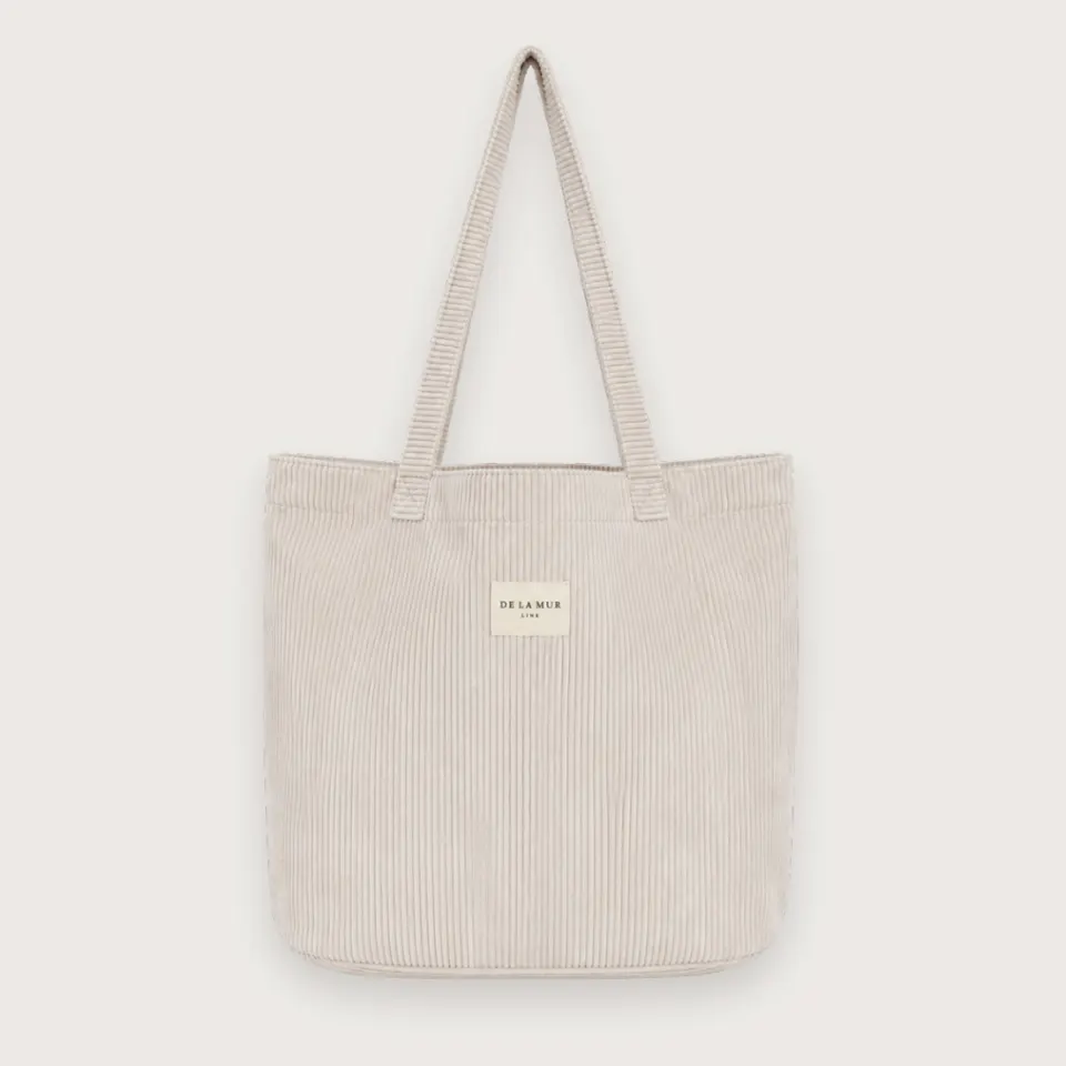 Stor tote bag i beige fløjl   Rummelig taske til skole og fritid — produktfoto
