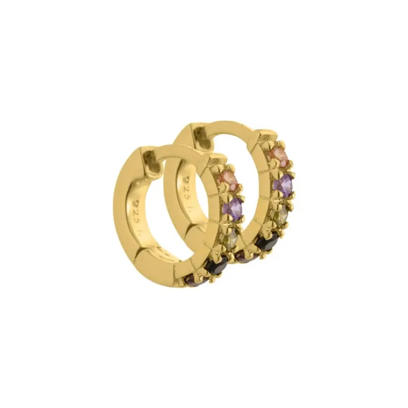 *Vigga - 10,7 mm. creoler i  forgyldt sterling sølv med lilla, røg, sorte, champagne & oliven zirko — produktfoto