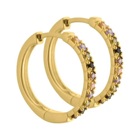 *Vigga - 20 mm. creoler i forgyldt sterling sølv med lilla, røg, sorte, champagne & oliven zirkonia — produktfoto