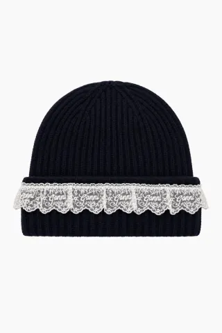 Compact Wool Lace Beanie - Sky Captain - GANNI — produktfoto