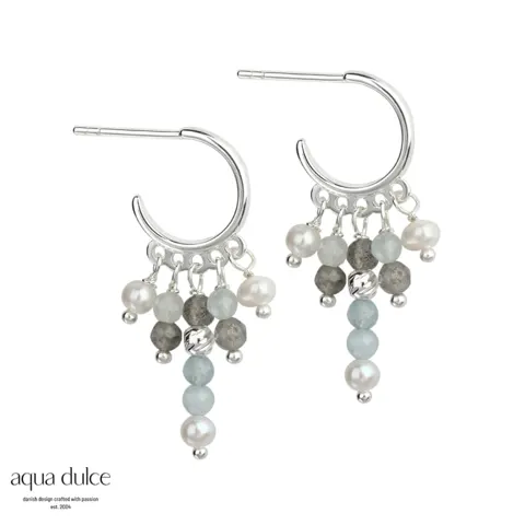 OCEAN, 12 mm. Hoops i sterling sølv med aquamarine, grå calcedonia & ferskvandsperler. — produktfoto