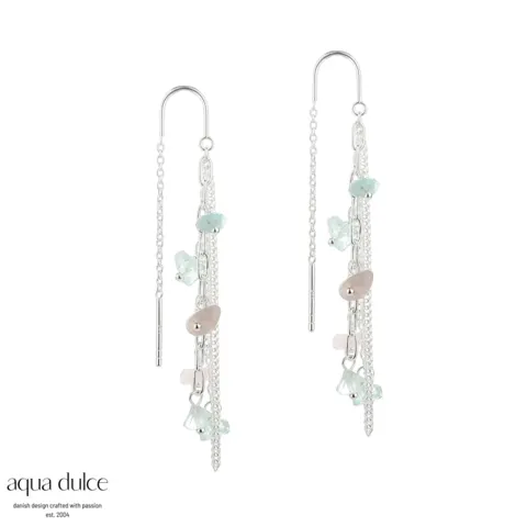NUGGET EARTHREAD, øretråde i sterling sølv med nuggets af aquamarine & rosaquartz. — produktfoto