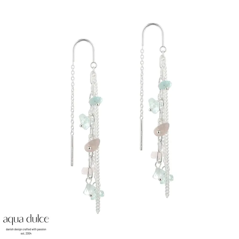 NUGGET EARTHREAD, øretråde i sterling sølv med nuggets af aquamarine & rosaquartz. — produktfoto
